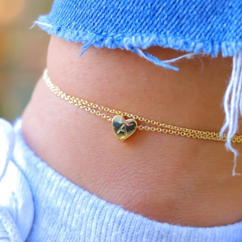 😍GOLD INITIAL ANKLET ❤️HEART CHARM PERSONALIZED DOUBLE LAYER DAINTY, ELDM22105A